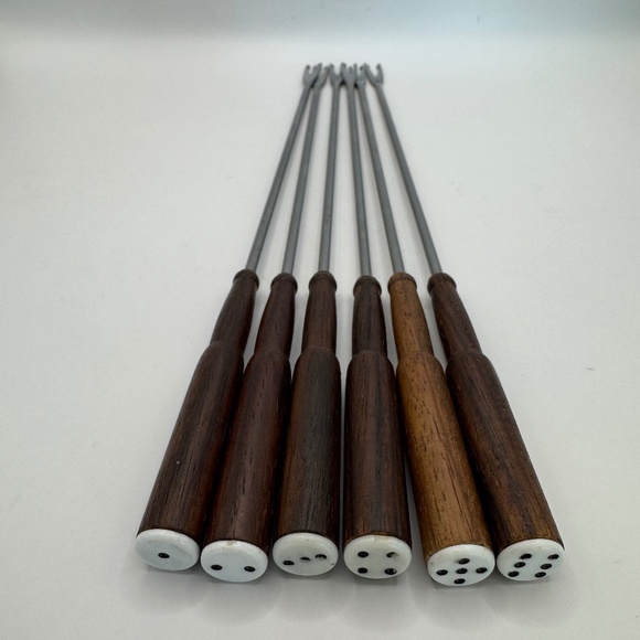 Oneida Stainless Steel Teak Wood Handled Fondue Forks with Gaming Dice Numerals. - Picture 1 of 7